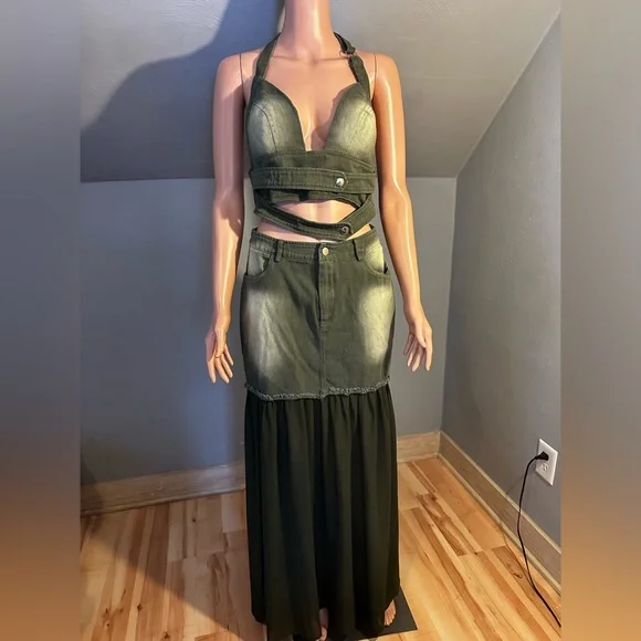 Fashion Nova Olive Green Denim Cutout Halter Top & Maxi Skirt Set Y2K Medium - Picture 3 of 5